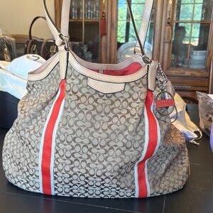 Coach Beige Signature Canvas Shoulder Bag with Coral and Cream Stripes